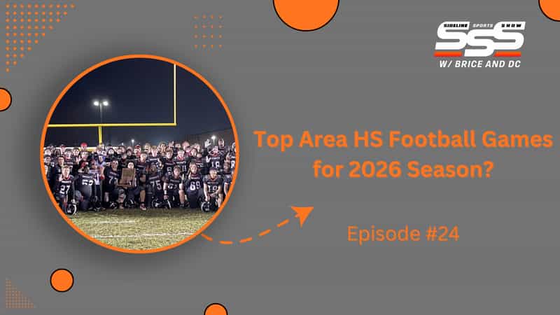 Sideline Sports Show with Brice and DC, Episode 24 graphic featuring a Fort Wayne area high school football team in black Knights uniforms kneeling with a sectional championship trophy under the goalposts at night