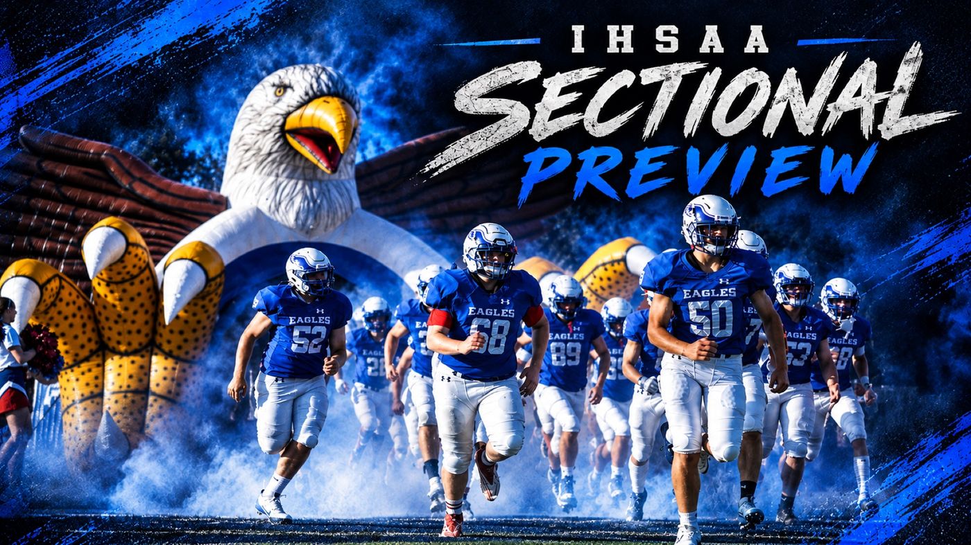 Football players in blue Eagles jerseys and white helmets run onto the field through smoke and an inflatable eagle tunnel, under an IHSAA Sectional Preview graphic