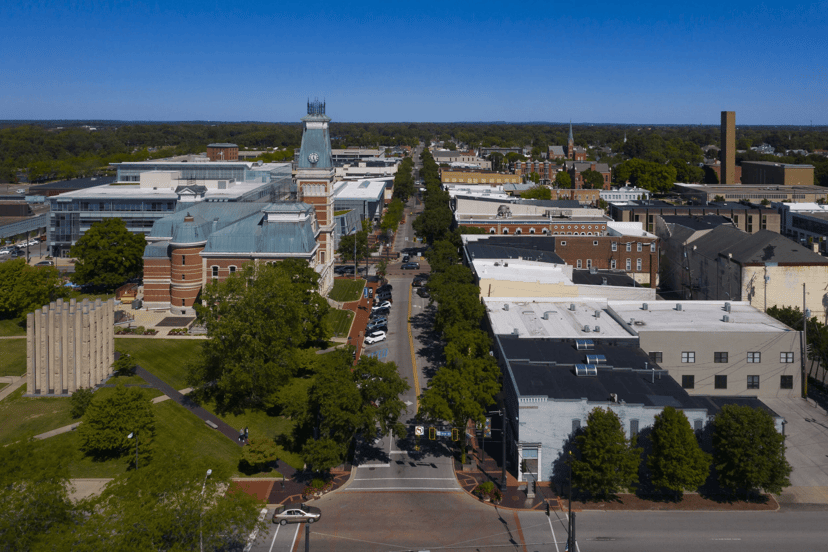 Aerial view of downtown Columbus and the Bartholomew County Courthouse