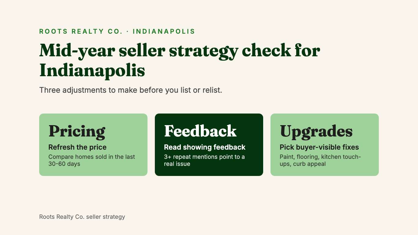 Cream graphic headed "Mid-year seller strategy check for Indianapolis" with three green tiles: Pricing, Feedback and Upgrades.