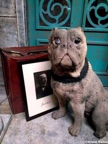 Stiffy Green, a weathered stone bulldog statue with one glass eye, sits beside a framed portrait of John G. Heinl and a leather case in front of teal doors