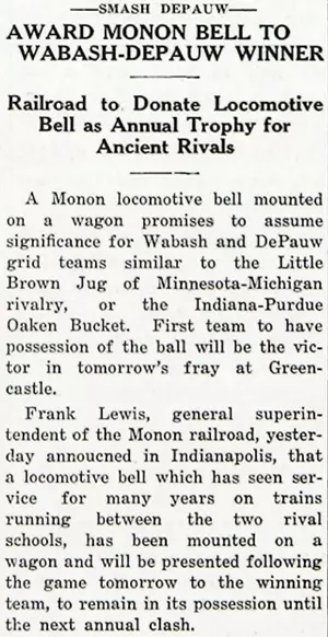 A 1932 newspaper clipping announcing the Monon locomotive bell as the annual trophy for the Wabash-DePauw football winner