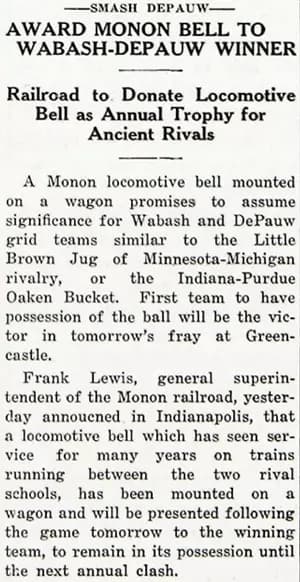 A 1932 newspaper clipping announcing the Monon locomotive bell as the annual trophy for the Wabash-DePauw football winner
