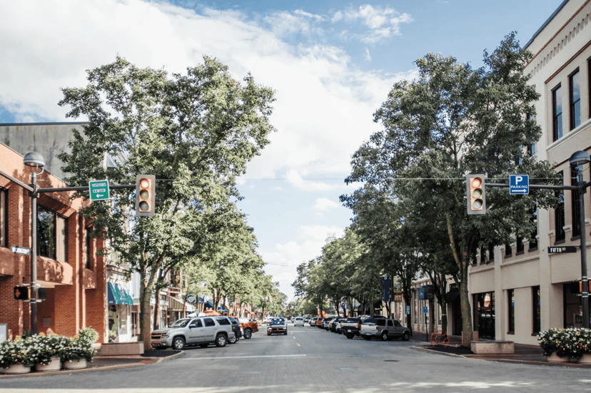 A downtown street in Columbus, Indiana