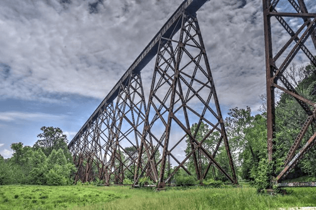Steel towers of the Tulip Trestle railroad viaduct seen from below