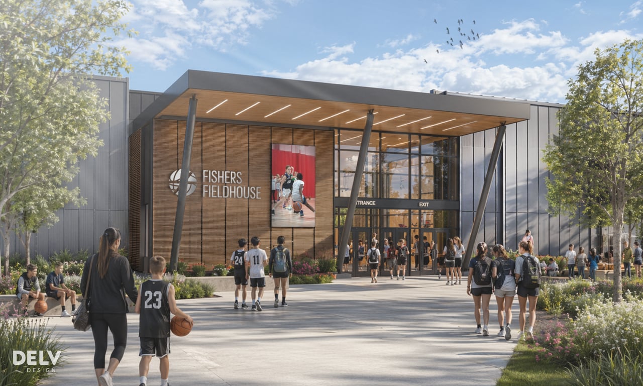 Rendering of the Fishers Fieldhouse entrance, with young athletes carrying basketballs toward the glass-and-wood front of the complex