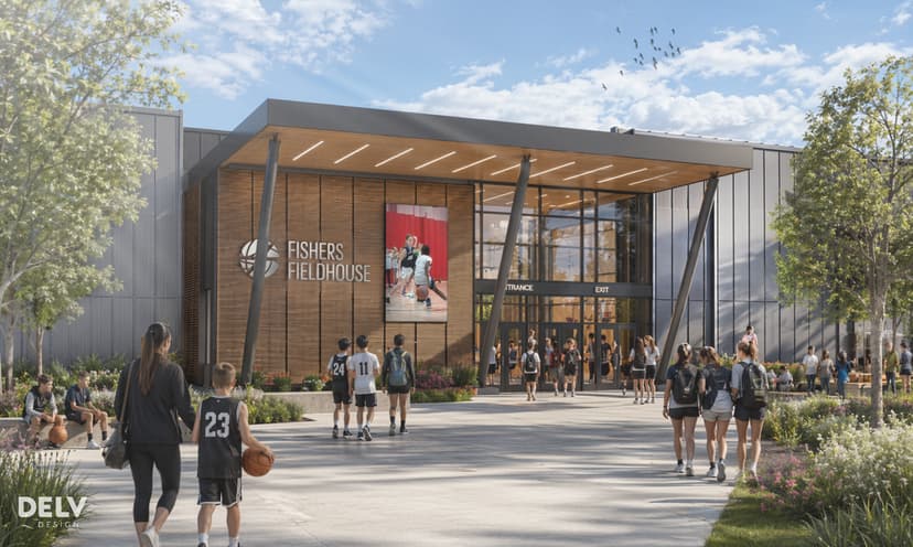 Rendering of the Fishers Fieldhouse entrance, with young athletes carrying basketballs toward the glass-and-wood front of the complex