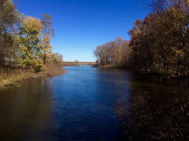 Blue water channel lined with gold and rust colored autumn trees under a clear sky at Fox Island County Park in Fort Wayne, Indiana
