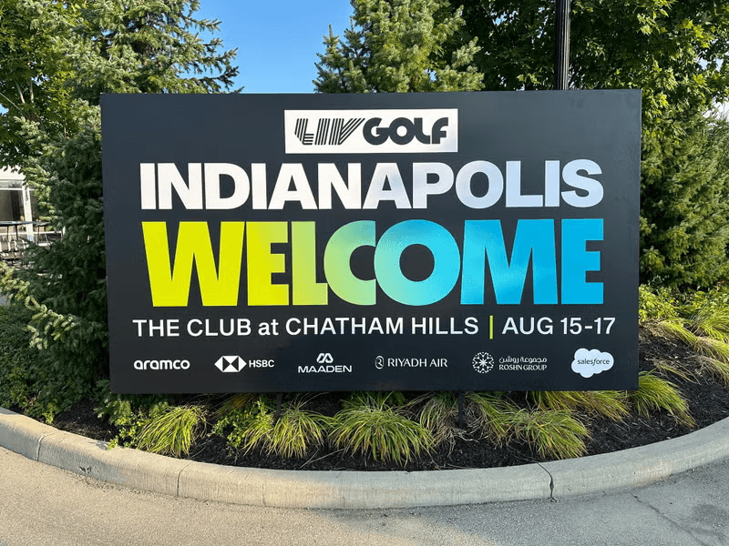 A LIV Golf Indianapolis welcome banner at The Club at Chatham Hills in Westfield