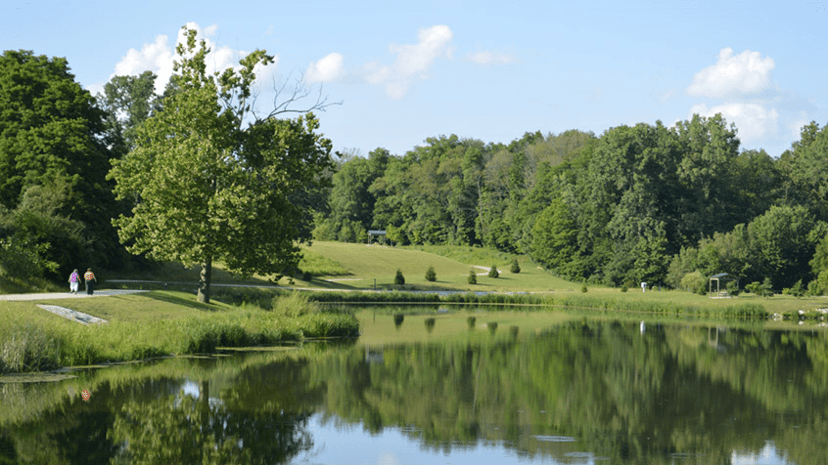 A quiet park pond ringed by green trees and a walking path in an Indiana suburb