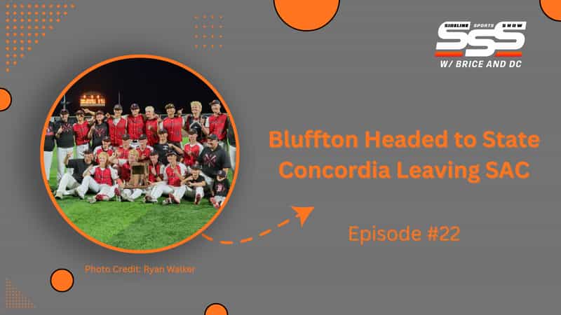 The Bluffton Tigers baseball team poses with their semi-state championship trophy on the Sideline Sports Show Episode 22 cover graphic.