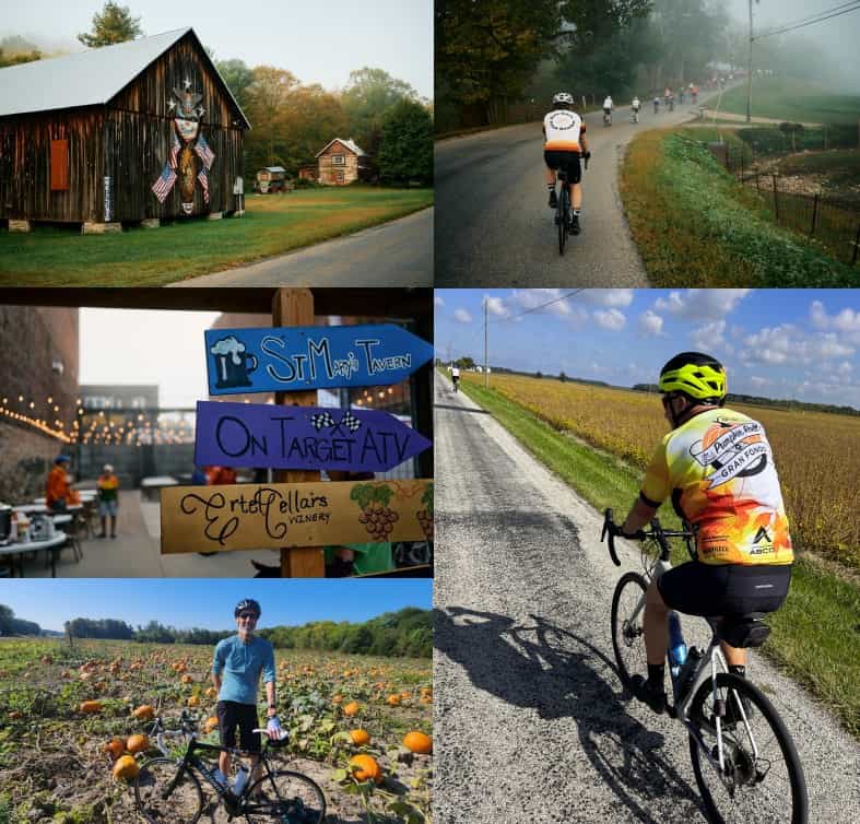 Collage of riders on country roads and a pumpkin field from the Great Pumpkin Roll Gran Fondo