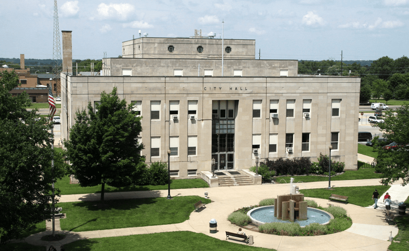 Terre Haute City Hall and its plaza fountain