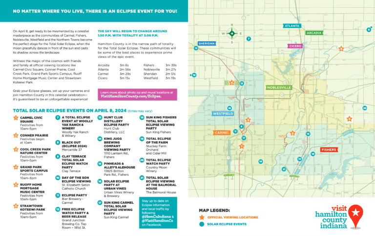 An image of the viewing locations for the total solar eclipse in Fishers Indiana