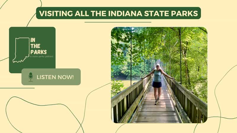 IN the Parks podcast episode graphic for Visiting All the Indiana State Parks, with host Allison Martin walking across a wooden suspension bridge through green woods.