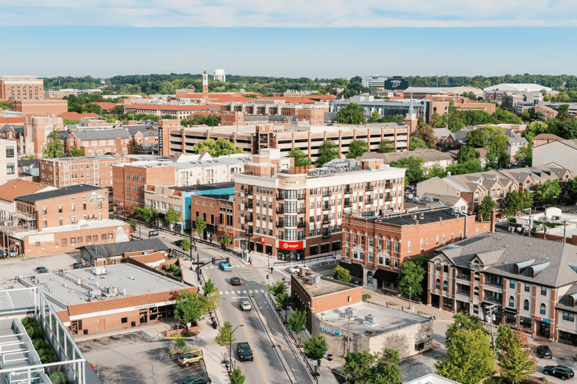 Aerial view of State Street in West Lafayette near Purdue University