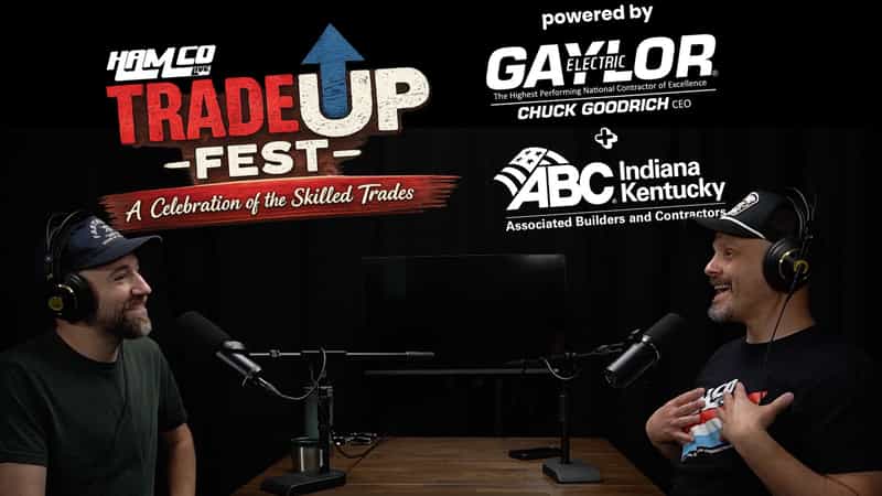 HamCo Live Hot Ticket hosts talking at studio microphones beside the TradeUp Fest logo, a celebration of the skilled trades