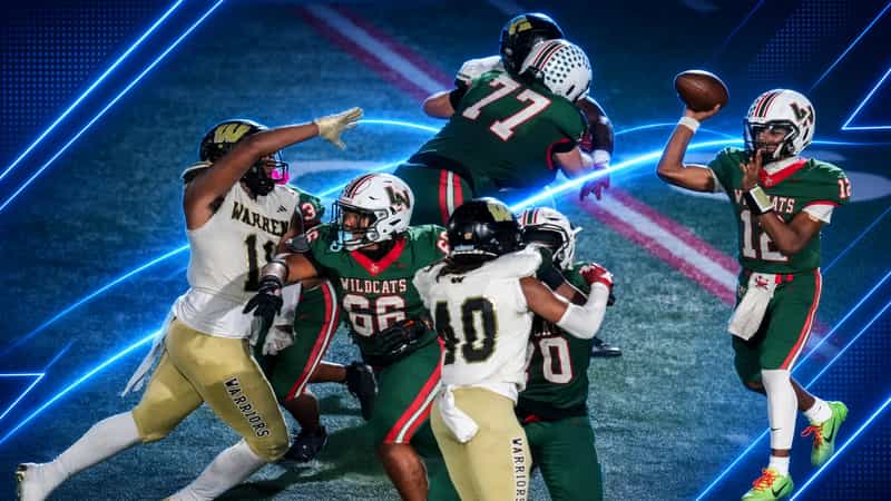 Week 7 Indiana high school football recap graphic showing a Lawrence North Wildcats quarterback in a green No. 12 jersey throwing a pass as Warren Central Warriors defenders in white and gold rush past his offensive line