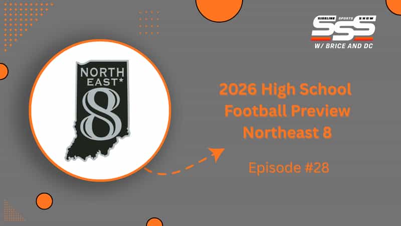 Sideline Sports Show episode 28 cover art with the Northeast 8 Conference logo on a gray and orange background