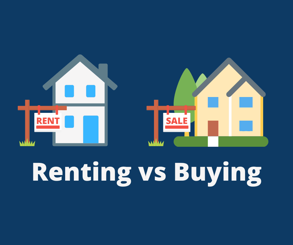 Illustration of a house with a Rent sign beside a house with a Sale sign above the words Renting vs Buying