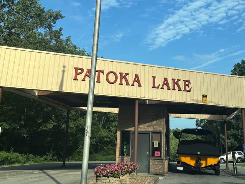 Patoka Lake entrance gatehouse with its Patoka Lake sign in Birdseye