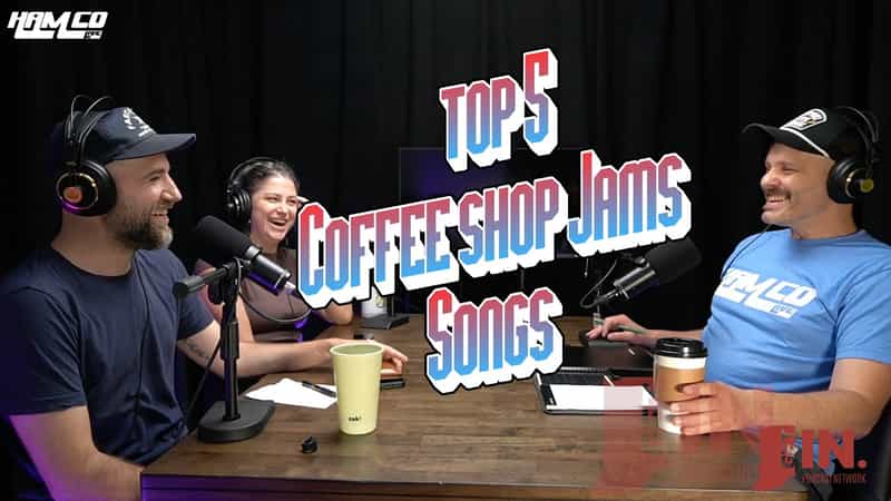 HamCo Live hosts and singer-songwriter Kelli Ray Yates laugh around a podcast studio table under a Top 5 Coffee Shop Jams title