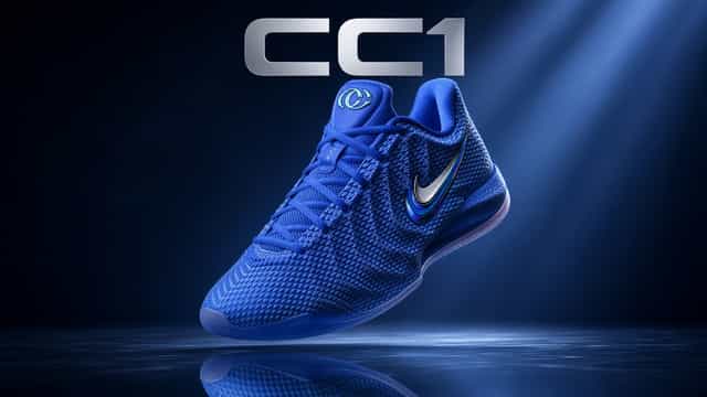 Blue Nike Caitlin Clark CC1 basketball shoe under a spotlight, an AI-generated illustration rather than an official Nike photo