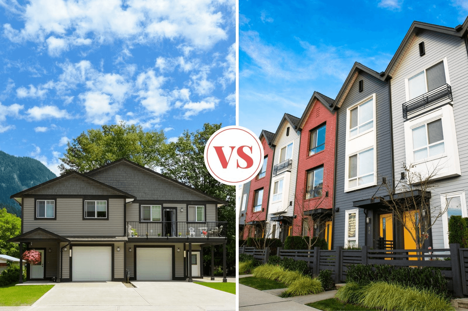 Side by side comparison of a suburban duplex and a row of urban townhomes separated by a VS badge