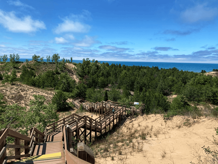 A wooden boardwalk and stair system climbing across an open sand dune at Indiana Dunes, with green wooded ridges rising behind it