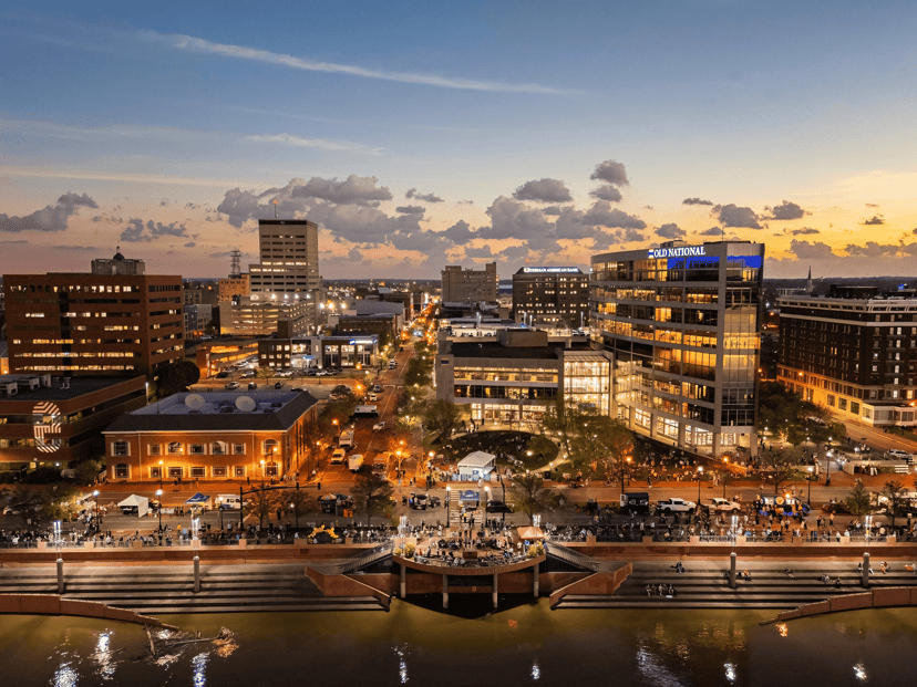 Evansville riverfront and downtown skyline at dusk