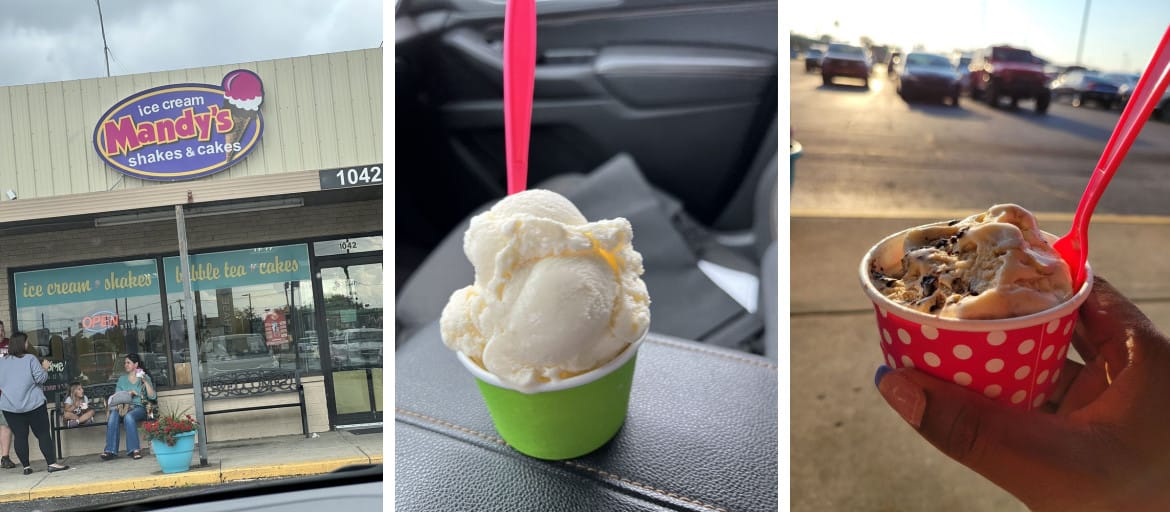 The Mandy's Ice Cream storefront in downtown Brownsburg beside a vanilla scoop in a green cup and a cup of ice cream topped with syrup held in hand.
