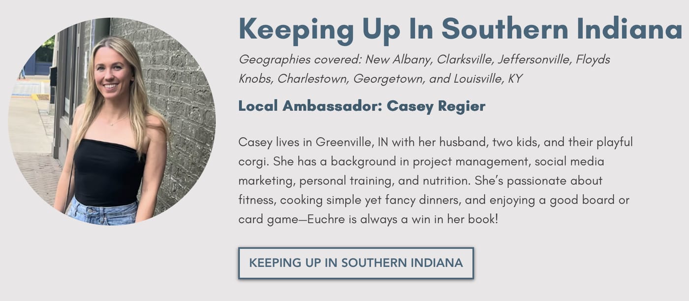 Casey Regier smiling in front of a brick wall on the Keeping Up In Southern Indiana ambassador card, which lists New Albany, Clarksville and Jeffersonville among the areas her Instagram page covers.