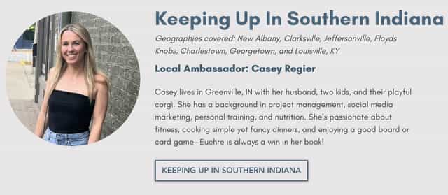 Casey Regier smiling in front of a brick wall on the Keeping Up In Southern Indiana ambassador card, which lists New Albany, Clarksville and Jeffersonville among the areas her Instagram page covers.