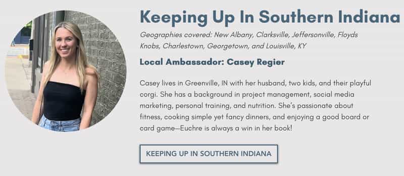 Casey Regier smiling in front of a brick wall on the Keeping Up In Southern Indiana ambassador card, which lists New Albany, Clarksville and Jeffersonville among the areas her Instagram page covers.