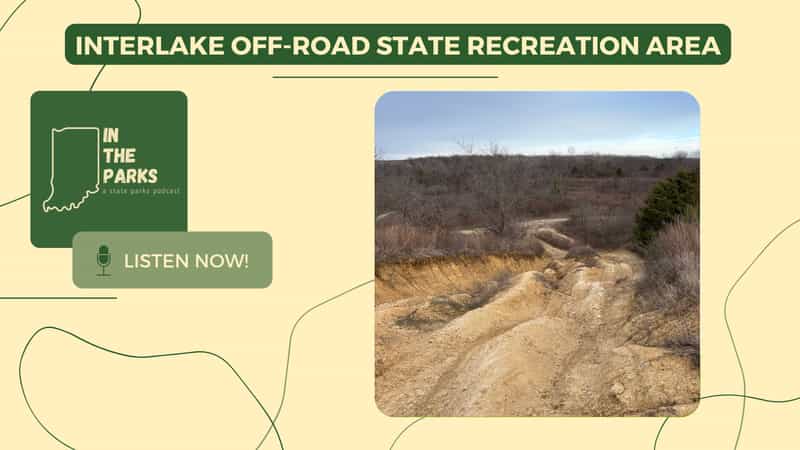 Rutted dirt off-road trail cutting through scrubby reclaimed mine land at Interlake Off-Road State Recreation Area
