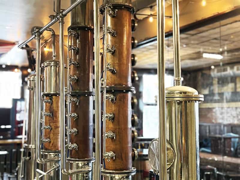 Copper column stills inside Four Finger Distillery in Indianapolis