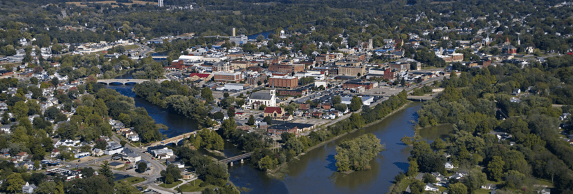 An aerial view of Logansport, Indiana along the river