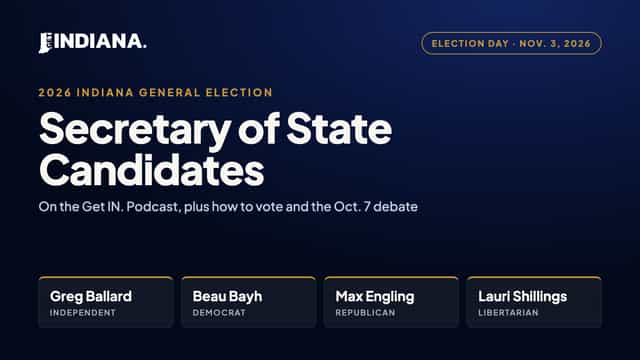 Navy Get Indiana graphic for the 2026 Indiana Secretary of State race listing candidates Greg Ballard, Beau Bayh, Max Engling and Lauri Shillings