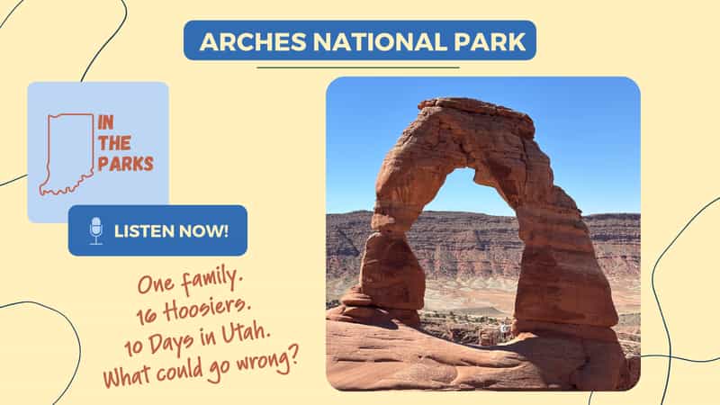 IN the Parks podcast cover art for the Arches National Park episode, showing Delicate Arch standing on slickrock against a clear blue sky with the La Sal Mountains and a hiker beneath the span