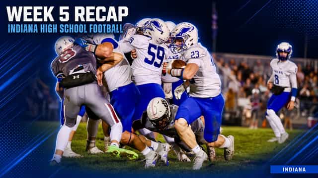 Week 5 Indiana high school football recap graphic showing a ball carrier in a white and blue uniform running behind his blockers during a night game.