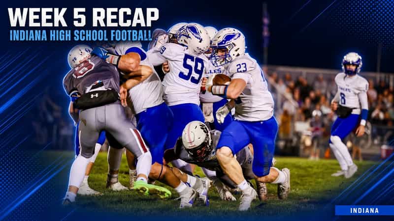 Week 5 Indiana high school football recap graphic showing a ball carrier in a white and blue uniform running behind his blockers during a night game.