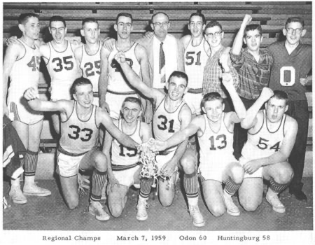 Black-and-white photo of the 1959 Odon Bulldogs boys basketball team posing with their cut-down net after winning the regional championship, captioned Odon 60, Huntingburg 58 on March 7, 1959.