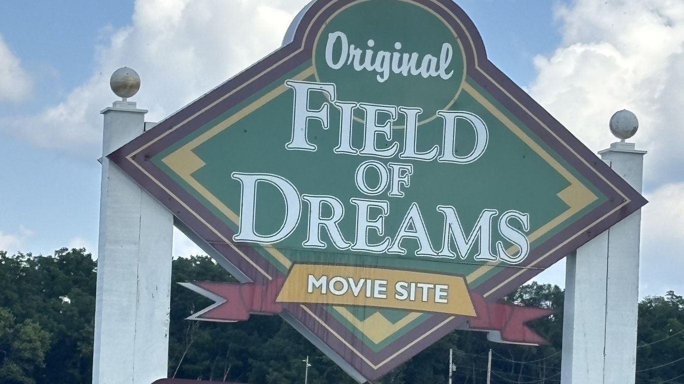 The iconic Original Field of Dreams Movie Site sign along the cornfields in Dyersville, Iowa.