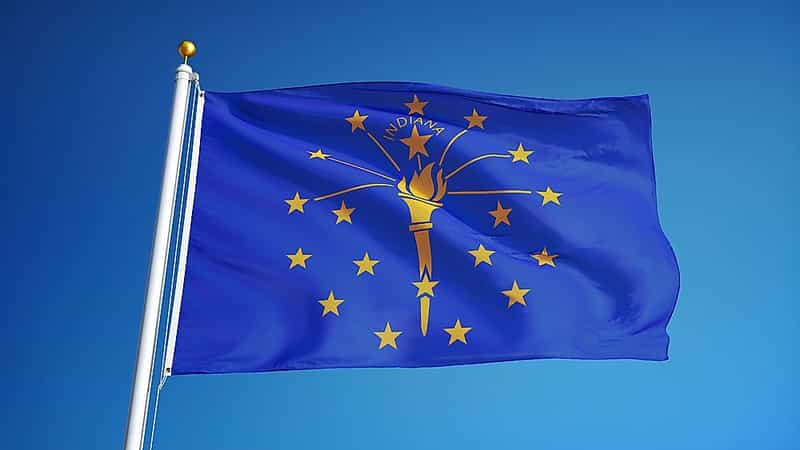 Indiana's state flag shows a gold torch and 19 stars on blue, designed by Paul Hadley in 1916. Here's what each symbol means and why it took 100 years to fly.