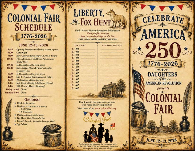 Trifold brochure for the 3rd Annual Colonial Fair in Middletown, Indiana, with the June 12–13, 2026 daily schedule, Liberty the Fox Hunt card, and Celebrate America 250 cover panel