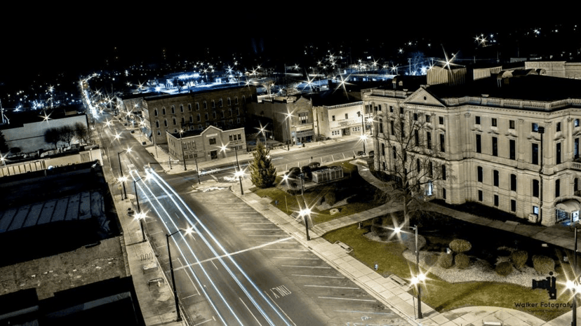 Downtown Marion and the Grant County Courthouse at night