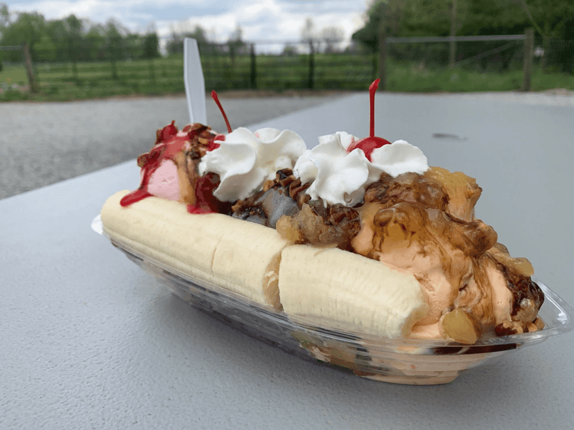 A loaded banana split with whipped cream and cherries from Mooey's Ice Cream in Middlebury, Indiana