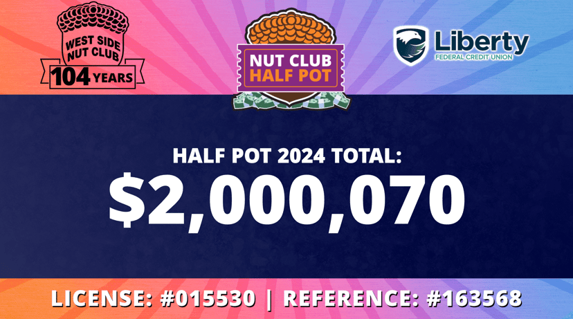 Graphic announcing a record West Side Nut Club Half Pot total of more than $2 million