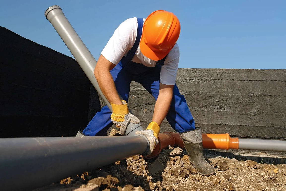 Worker in an orange hard hat and blue overalls lowering a gray PVC section onto a sewer pipe in an open trench
