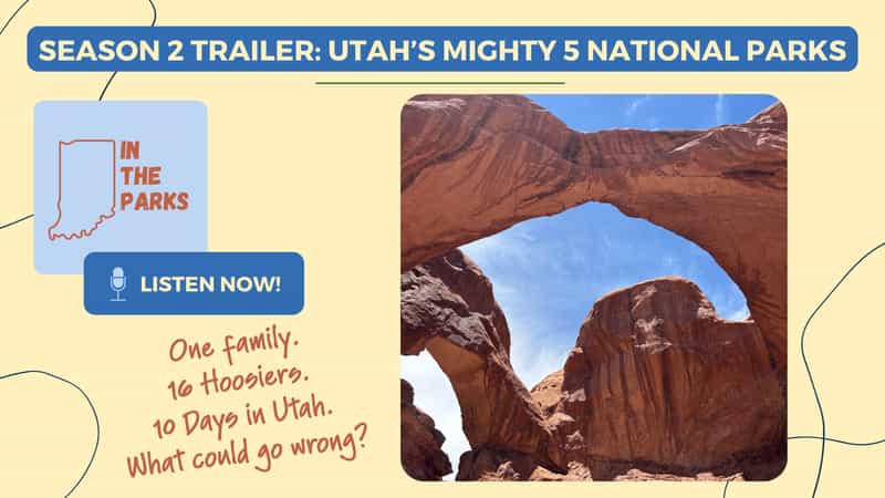 A sandstone double arch against a blue sky on the IN the Parks Season 2 trailer cover art for Utah's Mighty 5 national parks